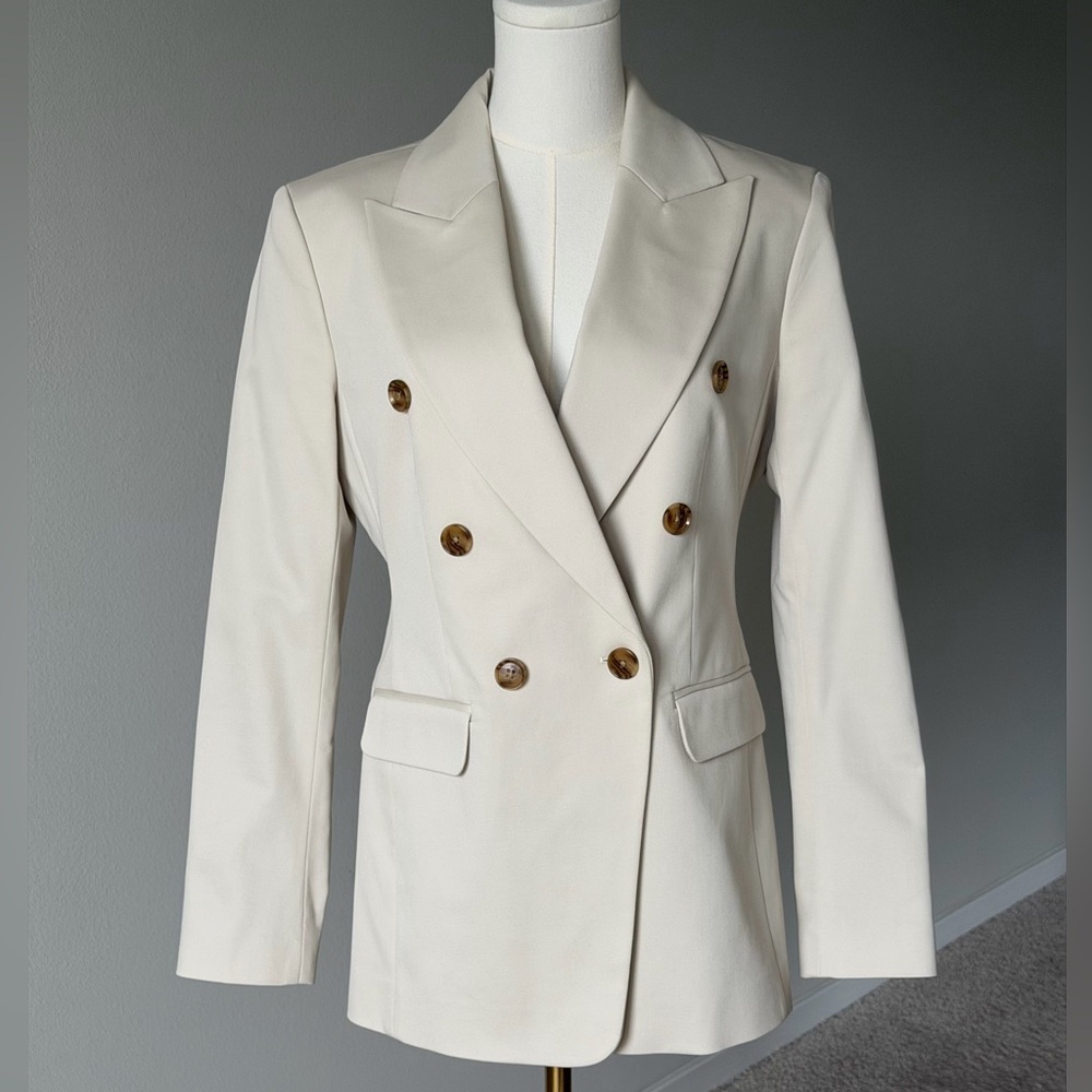 Banana Republic Factory Elegant Ivory Double-Breasted Cotton Fitted Blazer-4(S)